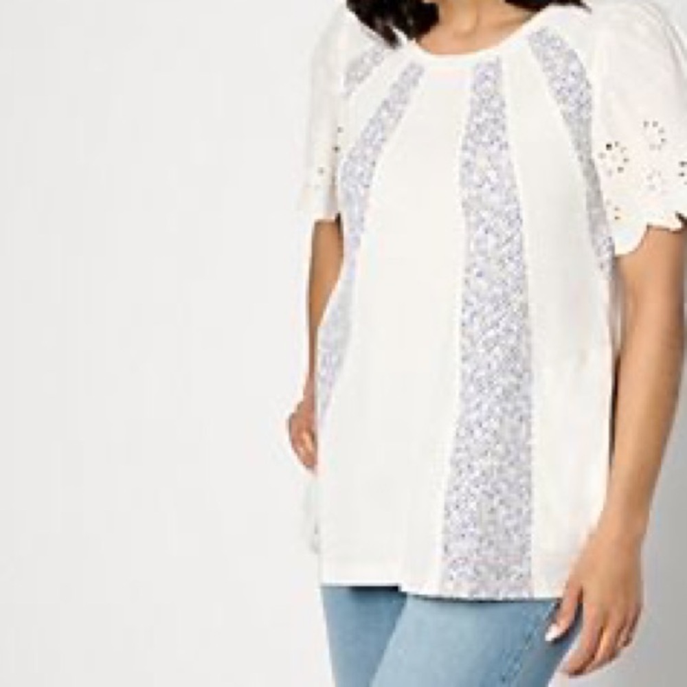 LOGO by Lori Goldstein White FLUTTER SLEEVES Top with Multicolor Details SIZE XL